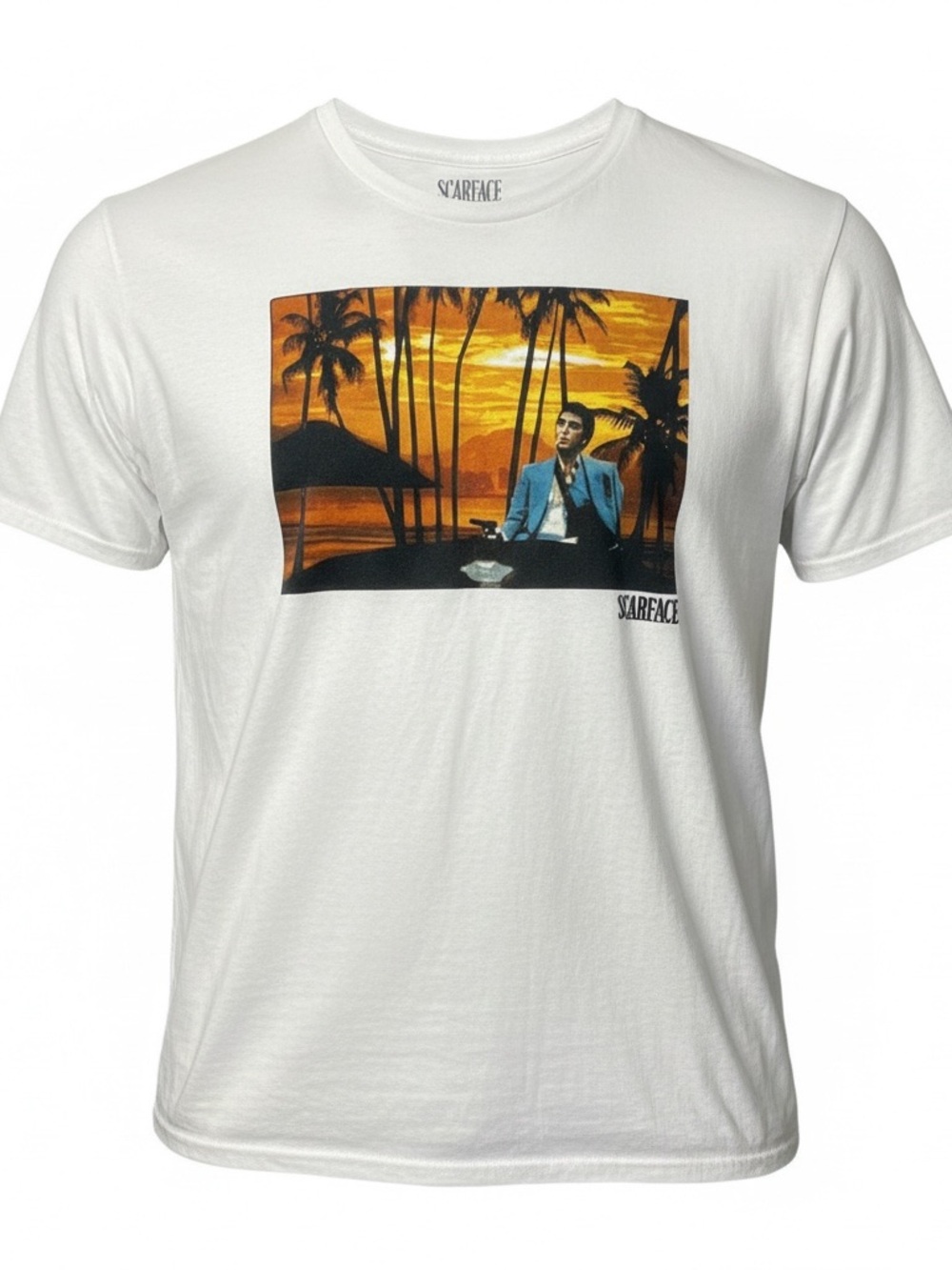 Scarface White Graphic Tee with Sunset Scene